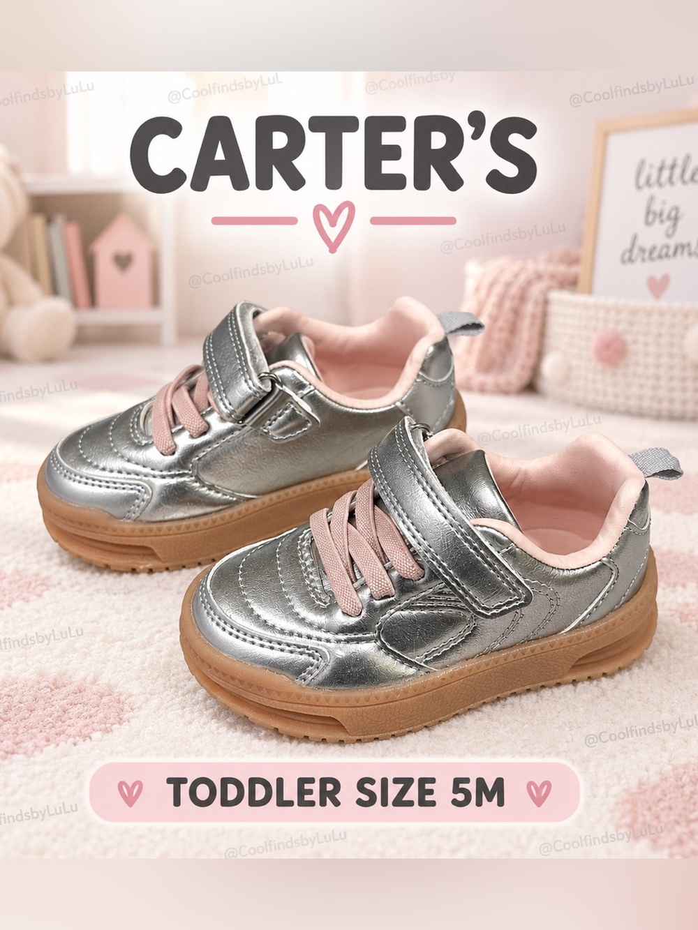 NWOT Carter's Toddler Metallic Silver & Pink Trainer Shoes - Size 5M